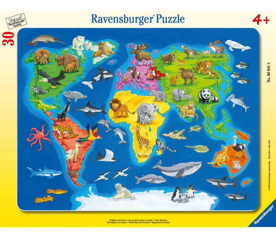 Ravensburger suur plaatpusle 30 tk Maailmakaart loomadega